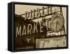 View of Public Market Neon Sign and Pike Place Market, Seattle, Washington, USA-Walter Bibikow-Framed Stretched Canvas