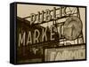 View of Public Market Neon Sign and Pike Place Market, Seattle, Washington, USA-Walter Bibikow-Framed Stretched Canvas