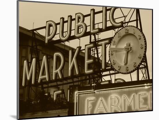 View of Public Market Neon Sign and Pike Place Market, Seattle, Washington, USA-Walter Bibikow-Mounted Premium Photographic Print