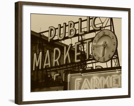 View of Public Market Neon Sign and Pike Place Market, Seattle, Washington, USA-Walter Bibikow-Framed Photographic Print