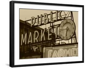 View of Public Market Neon Sign and Pike Place Market, Seattle, Washington, USA-Walter Bibikow-Framed Photographic Print