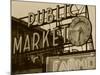 View of Public Market Neon Sign and Pike Place Market, Seattle, Washington, USA-Walter Bibikow-Mounted Photographic Print