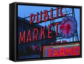 View of Public Market Neon Sign and Pike Place Market, Seattle, Washington, USA-Walter Bibikow-Framed Stretched Canvas