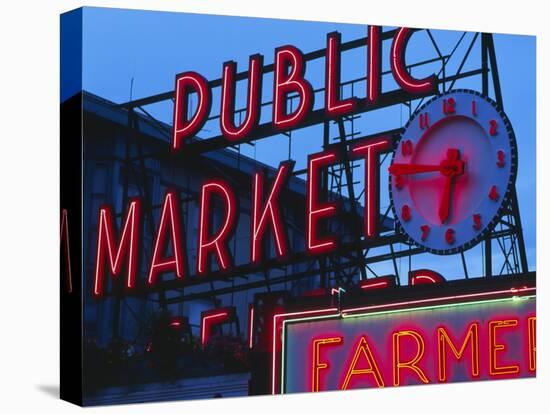 View of Public Market Neon Sign and Pike Place Market, Seattle, Washington, USA-Walter Bibikow-Stretched Canvas