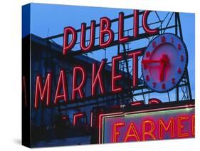 View of Public Market Neon Sign and Pike Place Market, Seattle, Washington, USA-Walter Bibikow-Stretched Canvas