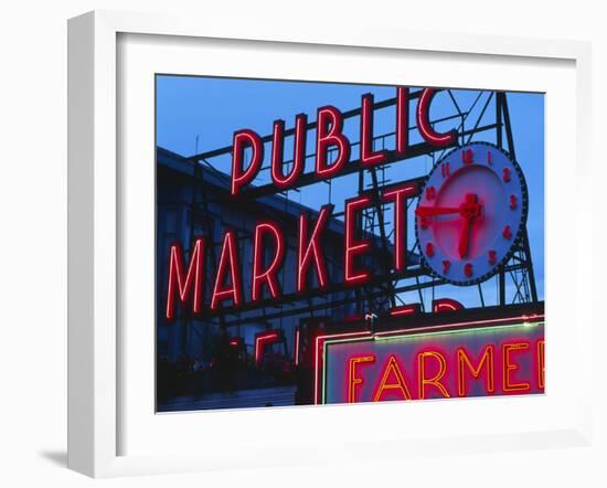 View of Public Market Neon Sign and Pike Place Market, Seattle, Washington, USA-Walter Bibikow-Framed Premium Photographic Print