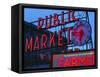 View of Public Market Neon Sign and Pike Place Market, Seattle, Washington, USA-Walter Bibikow-Framed Stretched Canvas