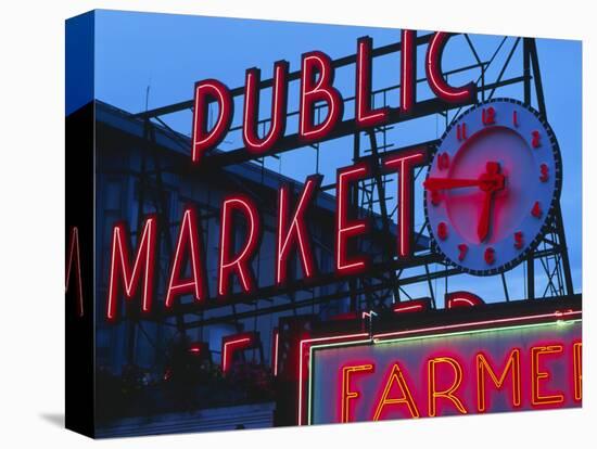 View of Public Market Neon Sign and Pike Place Market, Seattle, Washington, USA-Walter Bibikow-Stretched Canvas