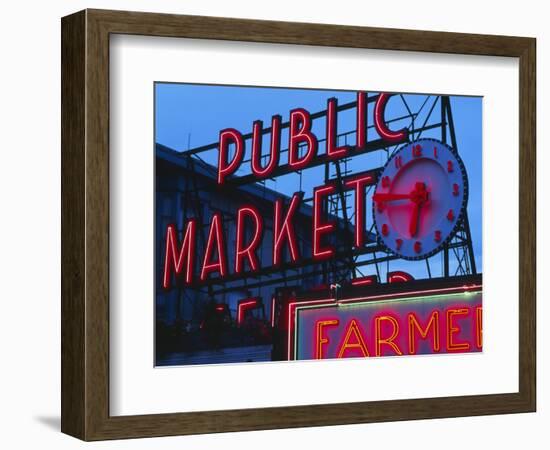 View of Public Market Neon Sign and Pike Place Market, Seattle, Washington, USA-Walter Bibikow-Framed Photographic Print