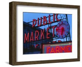 View of Public Market Neon Sign and Pike Place Market, Seattle, Washington, USA-Walter Bibikow-Framed Photographic Print