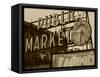 View of Public Market Neon Sign and Pike Place Market, Seattle, Washington, USA-Walter Bibikow-Framed Stretched Canvas