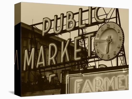 View of Public Market Neon Sign and Pike Place Market, Seattle, Washington, USA-Walter Bibikow-Stretched Canvas