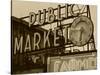 View of Public Market Neon Sign and Pike Place Market, Seattle, Washington, USA-Walter Bibikow-Stretched Canvas