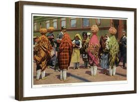 View of Pueblo Women Selling Pottery by a Train-Lantern Press-Framed Art Print