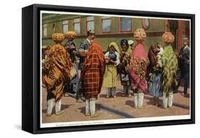 View of Pueblo Women Selling Pottery by a Train-Lantern Press-Framed Stretched Canvas