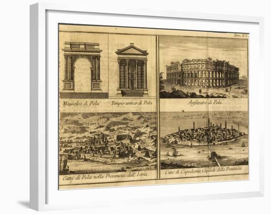 View of Pula, Arch of Sergi, Temple of Rome and Augustus, Amphitheatre and View of Koper, 1730-null-Framed Giclee Print