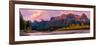 View of rail bridge over river and Three Sisters Mountain Canmore, Alberta, Canada-Panoramic Images-Framed Photographic Print