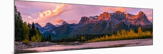 View of rail bridge over river and Three Sisters Mountain Canmore, Alberta, Canada-Panoramic Images-Mounted Photographic Print