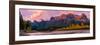 View of rail bridge over river and Three Sisters Mountain Canmore, Alberta, Canada-Panoramic Images-Framed Photographic Print