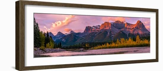 View of rail bridge over river and Three Sisters Mountain Canmore, Alberta, Canada-Panoramic Images-Framed Photographic Print