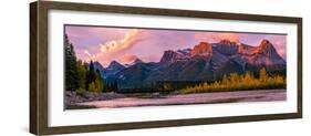 View of rail bridge over river and Three Sisters Mountain Canmore, Alberta, Canada-Panoramic Images-Framed Photographic Print