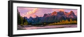 View of rail bridge over river and Three Sisters Mountain Canmore, Alberta, Canada-Panoramic Images-Framed Photographic Print