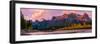 View of rail bridge over river and Three Sisters Mountain Canmore, Alberta, Canada-Panoramic Images-Framed Photographic Print