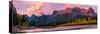 View of rail bridge over river and Three Sisters Mountain Canmore, Alberta, Canada-Panoramic Images-Stretched Canvas