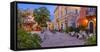 View of restaurant on Piazza Matteotti at dusk, Olbia, Sardinia, Italy, Mediterranean, Europe-Frank Fell-Framed Stretched Canvas