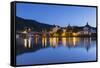 View of River Moselle and Bernkastel-Kues at dusk, Rhineland-Palatinate, Germany, Europe-Ian Trower-Framed Stretched Canvas