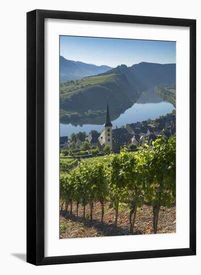 View of River Moselle and St. Lawrence's Church, Bremm, Rhineland-Palatinate, Germany, Europe-Ian Trower-Framed Photographic Print