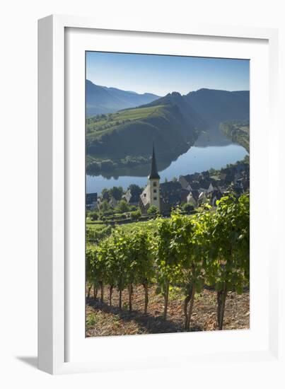 View of River Moselle and St. Lawrence's Church, Bremm, Rhineland-Palatinate, Germany, Europe-Ian Trower-Framed Photographic Print