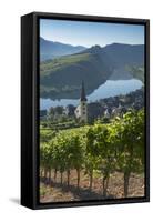 View of River Moselle and St. Lawrence's Church, Bremm, Rhineland-Palatinate, Germany, Europe-Ian Trower-Framed Stretched Canvas