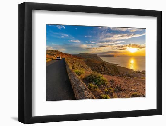 View of road and volcanic coastline from Mirador del Rio at sunset, Lanzarote, Las Palmas-Frank Fell-Framed Photographic Print