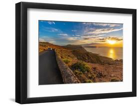 View of road and volcanic coastline from Mirador del Rio at sunset, Lanzarote, Las Palmas-Frank Fell-Framed Photographic Print