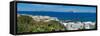 View of rooftops and the sea in the town of Mandraki, Mandraki, Nisyros, Dodecanese, Greek Islands-Frank Fell-Framed Stretched Canvas