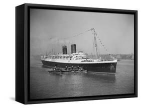 View of S.S. Mauretania with Tugboats-null-Framed Stretched Canvas