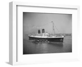 View of S.S. Mauretania with Tugboats-null-Framed Photographic Print