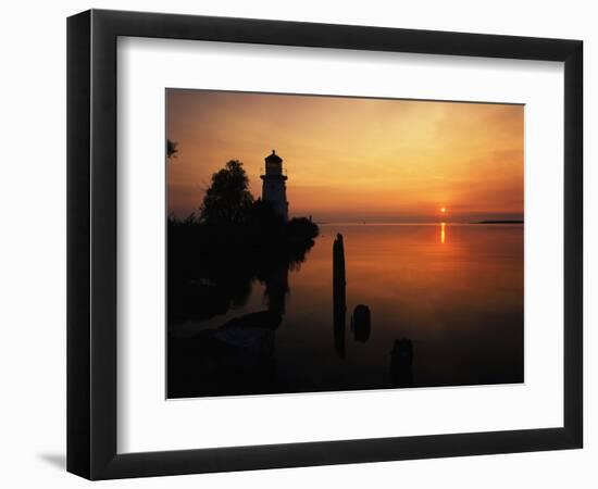 View of Sea and Lighthouse at Sunset, Cheboygan, Michigan, USA-Adam Jones-Framed Photographic Print