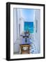 View of sea and restaurant tables in Mykonos Town, Mykonos, Cyclades Islands, Aegean Sea-Frank Fell-Framed Photographic Print