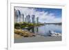 View of seaplane and urban office buildings around Vancouver Harbour, Downtown, Vancouver, British -Frank Fell-Framed Photographic Print