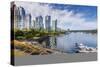 View of seaplane and urban office buildings around Vancouver Harbour, Downtown, Vancouver, British -Frank Fell-Stretched Canvas