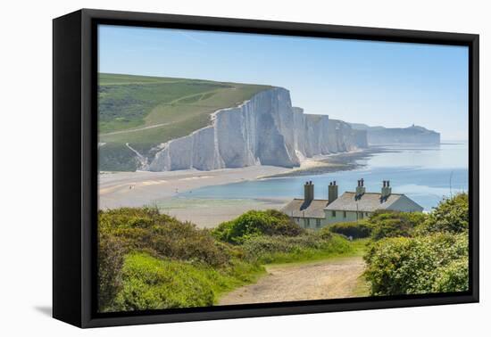 View of Seven Sisters Chalk Cliffs and Coastguard Cottages at Cuckmere Haven-Frank Fell-Framed Stretched Canvas