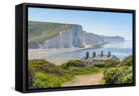 View of Seven Sisters Chalk Cliffs and Coastguard Cottages at Cuckmere Haven-Frank Fell-Framed Stretched Canvas