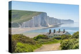 View of Seven Sisters Chalk Cliffs and Coastguard Cottages at Cuckmere Haven-Frank Fell-Stretched Canvas