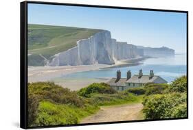 View of Seven Sisters Chalk Cliffs and Coastguard Cottages at Cuckmere Haven-Frank Fell-Framed Stretched Canvas