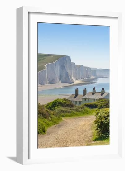 View of Seven Sisters Chalk Cliffs and Coastguard Cottages at Cuckmere Haven-Frank Fell-Framed Photographic Print