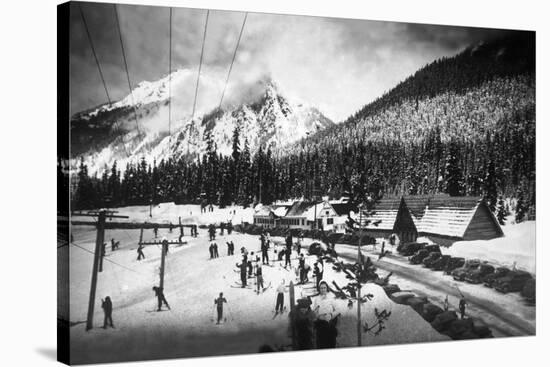 View of Skiers at Snoqualmie Pass Summit - Snoqualmie Pass, WA-Lantern Press-Stretched Canvas