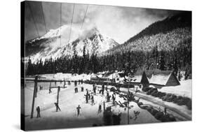 View of Skiers at Snoqualmie Pass Summit - Snoqualmie Pass, WA-Lantern Press-Stretched Canvas