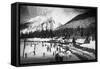 View of Skiers at Snoqualmie Pass Summit - Snoqualmie Pass, WA-Lantern Press-Framed Stretched Canvas